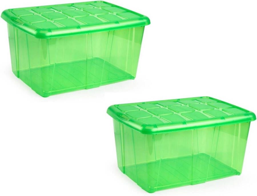 Forte Plastics 2x Opslagbakken organizers met deksel 60 liter 63 x 46 x 32 transparant groen Organizers opbergbakken