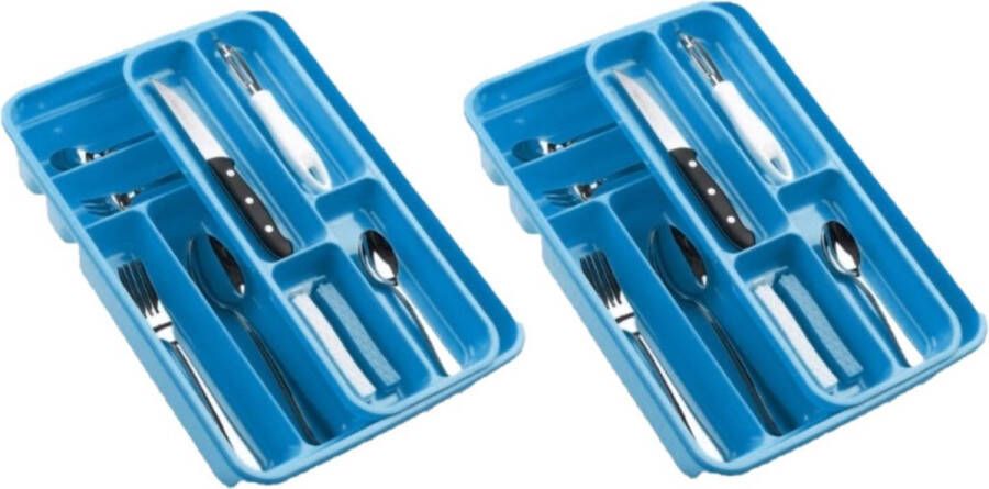Forte Plastics 2x stuks bestekbakken bestekhouders blauw 40 x 30 x 7 cm 2 lagen Keuken opberg accessoires