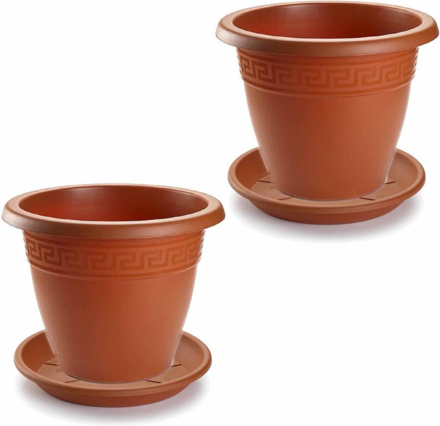 Forte Plastics 2x stuks bloempotten met onder opvangschaal in terra cotta kleur rond diameter 45 cm Plantenpotten bakken