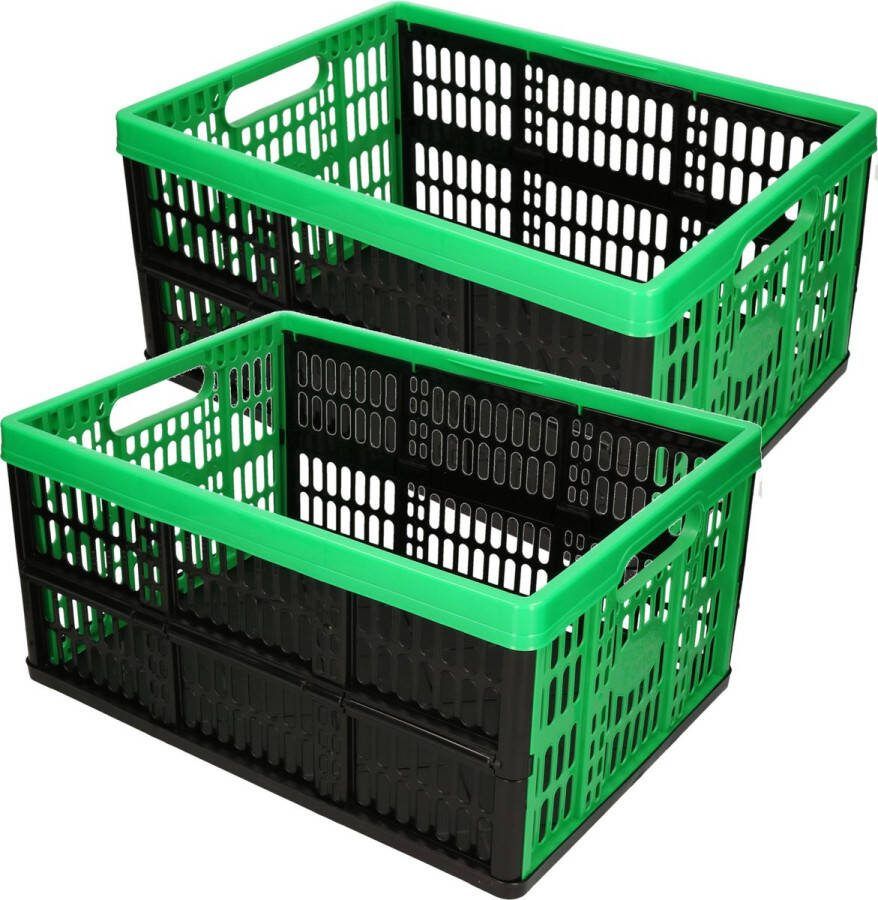 Forte Plastics 2x stuks boodschappen kratten opvouwbaar zwart groen 48 x 35 x 24 cm