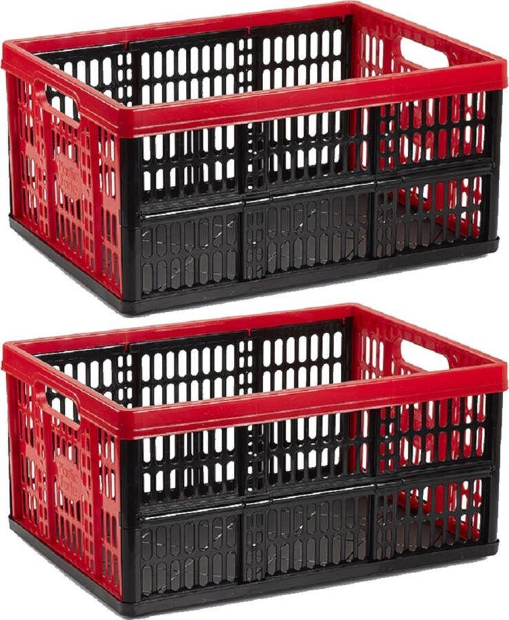 Forte Plastics 2x stuks boodschappen kratten opvouwbaar zwart rood 48 x 35 x 24 cm