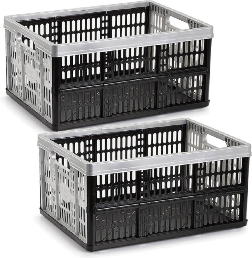 Forte Plastics 2x stuks boodschappen kratten opvouwbaar zwart zilver 48 x 35 x 24 cm