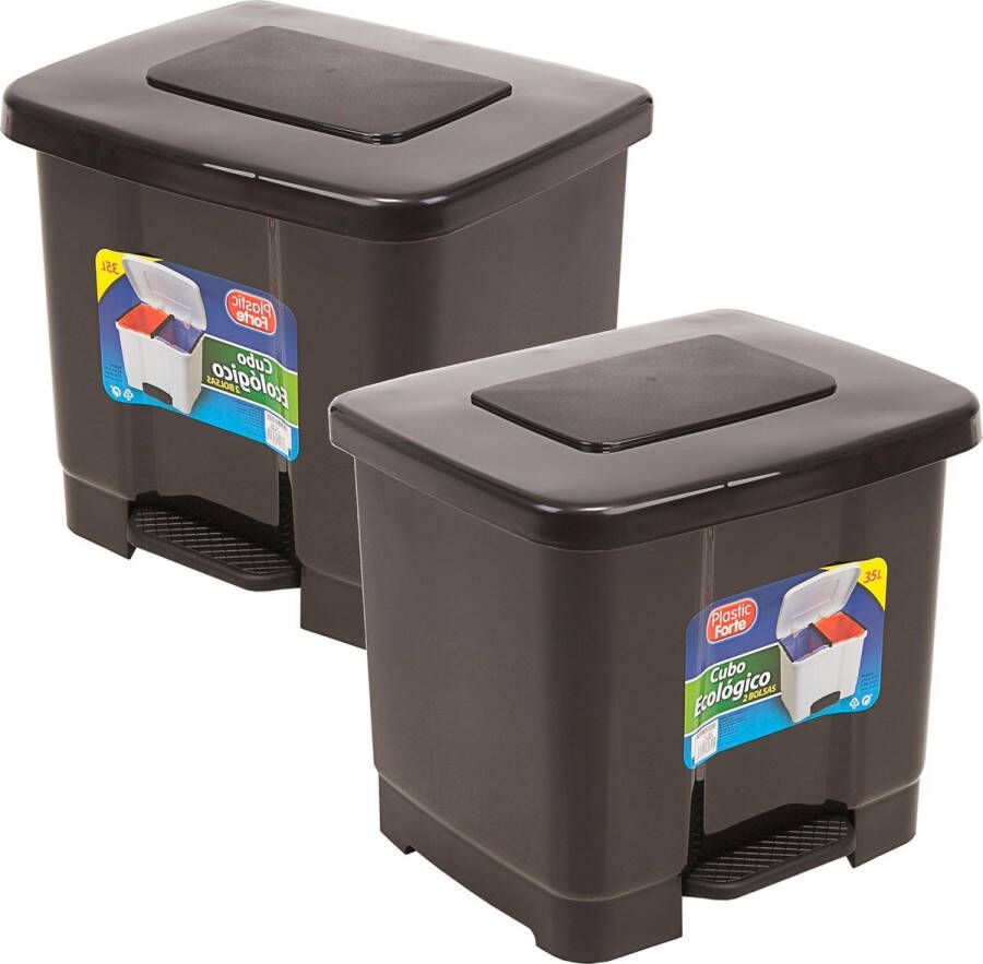 Forte Plastics 2x stuks dubbele afvalemmer vuilnisemmer 35 liter met deksel en pedaal Donkergrijs- vuilnisbakken prullenbakken Kantoor keuken