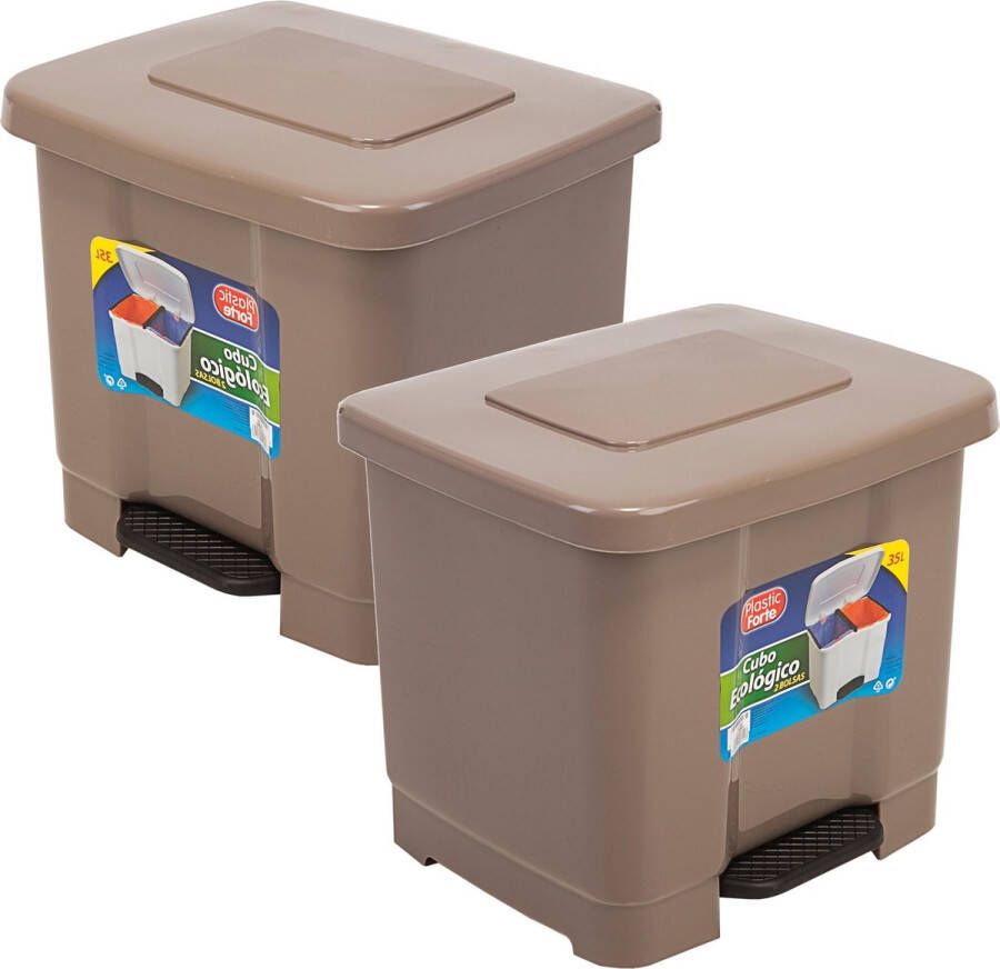 Forte Plastics 2x stuks dubbele afvalemmer vuilnisemmer 35 liter met deksel en pedaal Taupe- vuilnisbakken prullenbakken Kantoor keuken