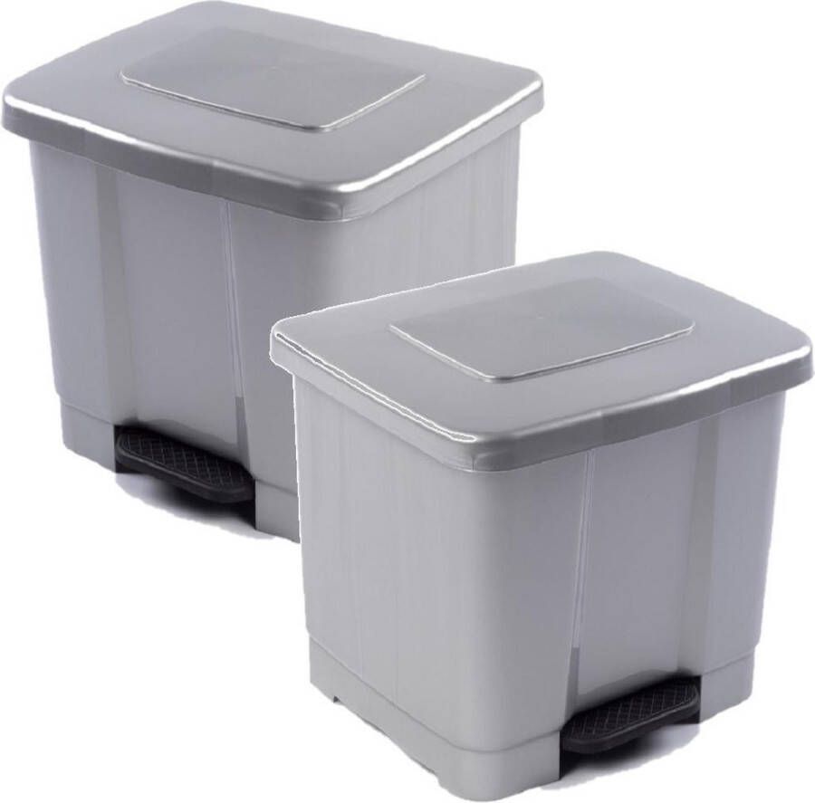 Forte Plastics 2x stuks dubbele afvalemmer vuilnisemmer 35 liter met deksel en pedaal Zilver- vuilnisbakken prullenbakken Kantoor keuken