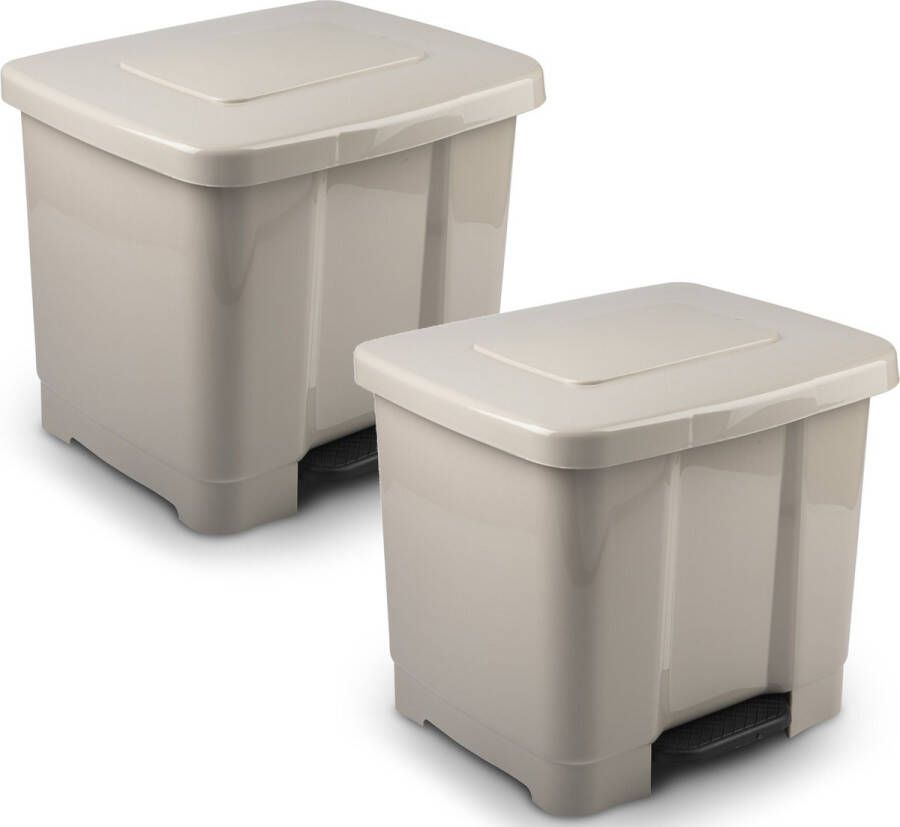 Forte Plastics 2x Stuks dubbele 2-vaks afvalemmer vuilnisemmer pedaalemmer 35 liter met deksel en pedaal Taupe vuilnisbakken prullenbakken