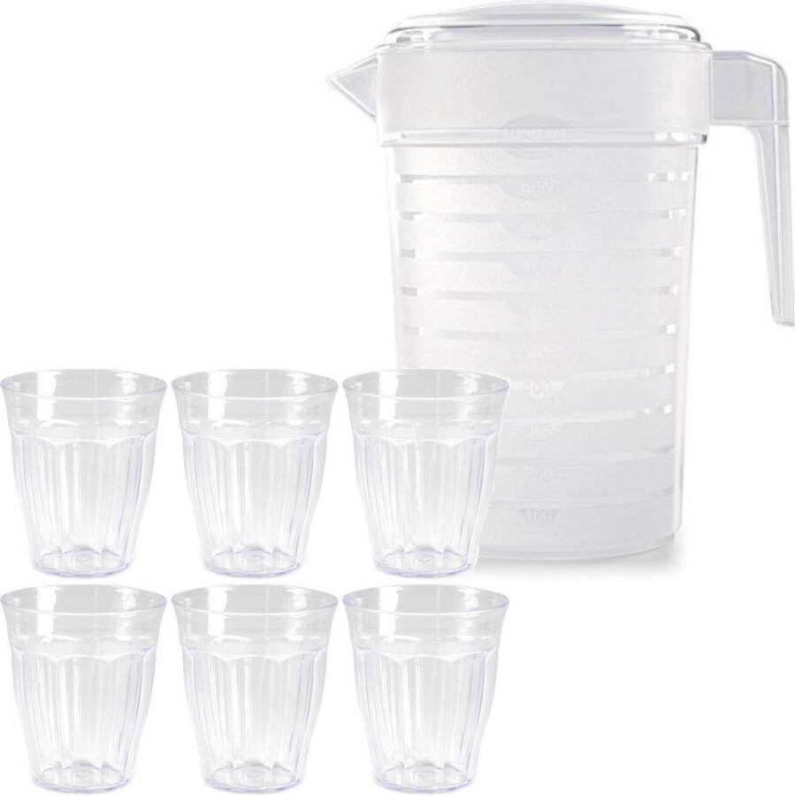 Forte Plastics 2x stuks grote water limonade schenkkannen van 2 liter met 12x kunststof transparante glazen van 250 ML voordeelset