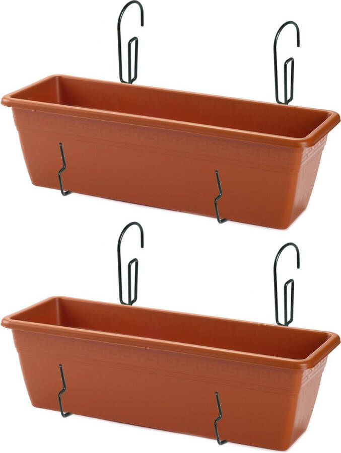 Forte Plastics 2x stuks hangende reling plantenbakken terracotta rechthoekig 50 x 17 x 15 cm met kunststof ophang beugels