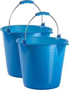 Forte Plastics 2x stuks huishoud schoonmaak emmers kunststof blauw 9 liter inhoud 30 x 26 cm Met metalen hengsel en schenktuit
