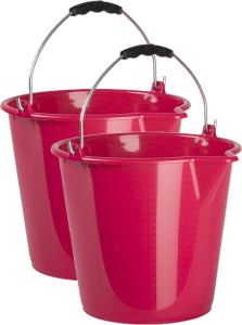 Forte Plastics 2x stuks huishoud schoonmaak emmers kunststof roze 9 liter inhoud 30 x 26 cm Met metalen hengsel en schenktuit