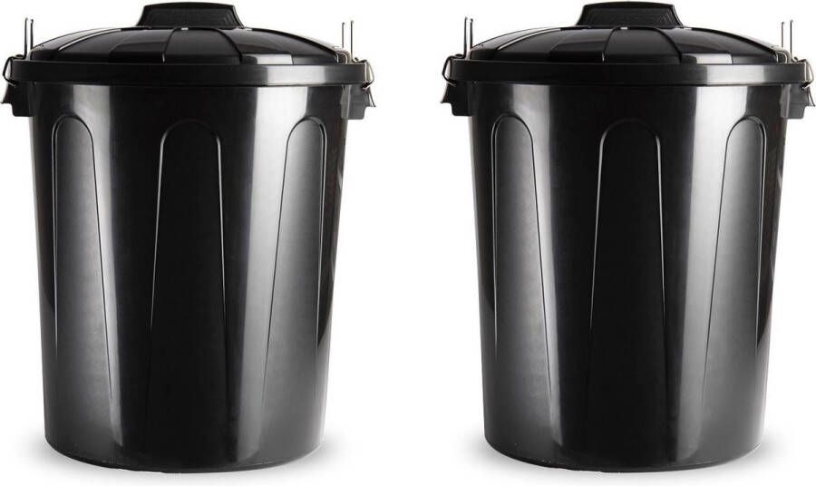 Forte Plastics 2x stuks kunststof afvalemmers vuilnisemmers in het zwart van 51 liter met deksel Vuilnisbakken prullenbakken