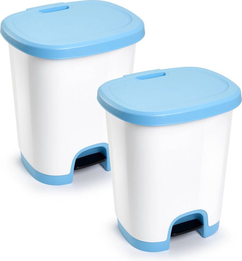 Forte Plastics 2x Stuks kunststof afvalemmers vuilnisemmers pedaalemmers in het wit lichtblauw van 27 liter met deksel en pedaal 38 x 32 x 45 cm