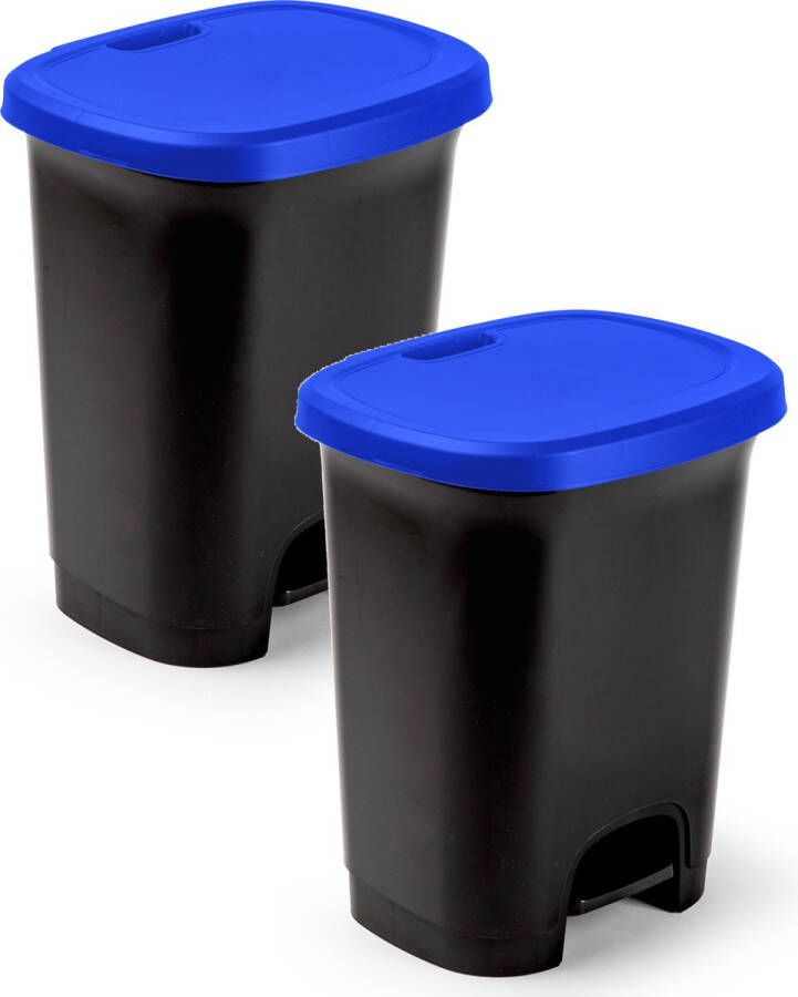 Forte Plastics 2x Stuks kunststof afvalemmers vuilnisemmers pedaalemmers in het zwart blauw van 27 liter met deksel en pedaal 38 x 32 x 45 cm
