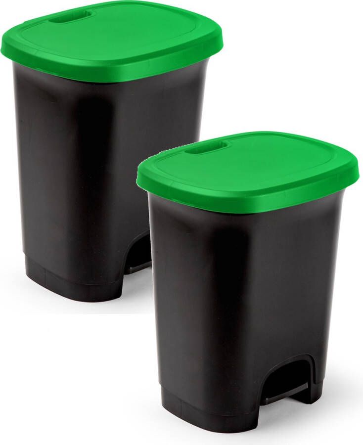 Forte Plastics 2x Stuks kunststof afvalemmers vuilnisemmers pedaalemmers in het zwart groen van 27 liter met deksel en pedaal 38 x 32 x 45 cm