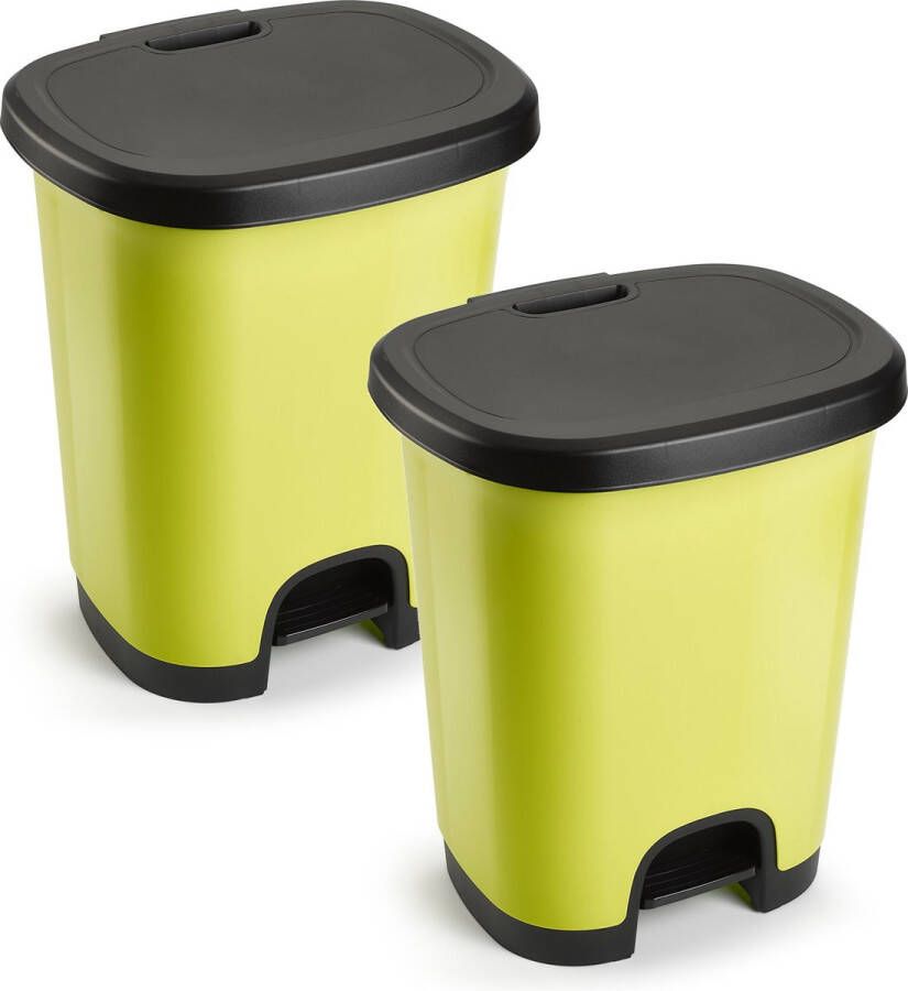 Forte Plastics 2x Stuks kunststof afvalemmers vuilnisemmers pedaalemmers kiwi groen zwart van 27 liter met deksel en pedaal 38 x 32 x 45 cm