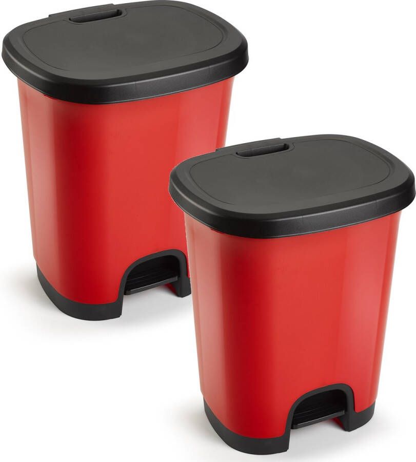 Forte Plastics 2x Stuks kunststof afvalemmer vuilnisemmer pedaalemmer in het rood zwart van 18 liter met deksel pedaal 33 x 28 x 40 cm