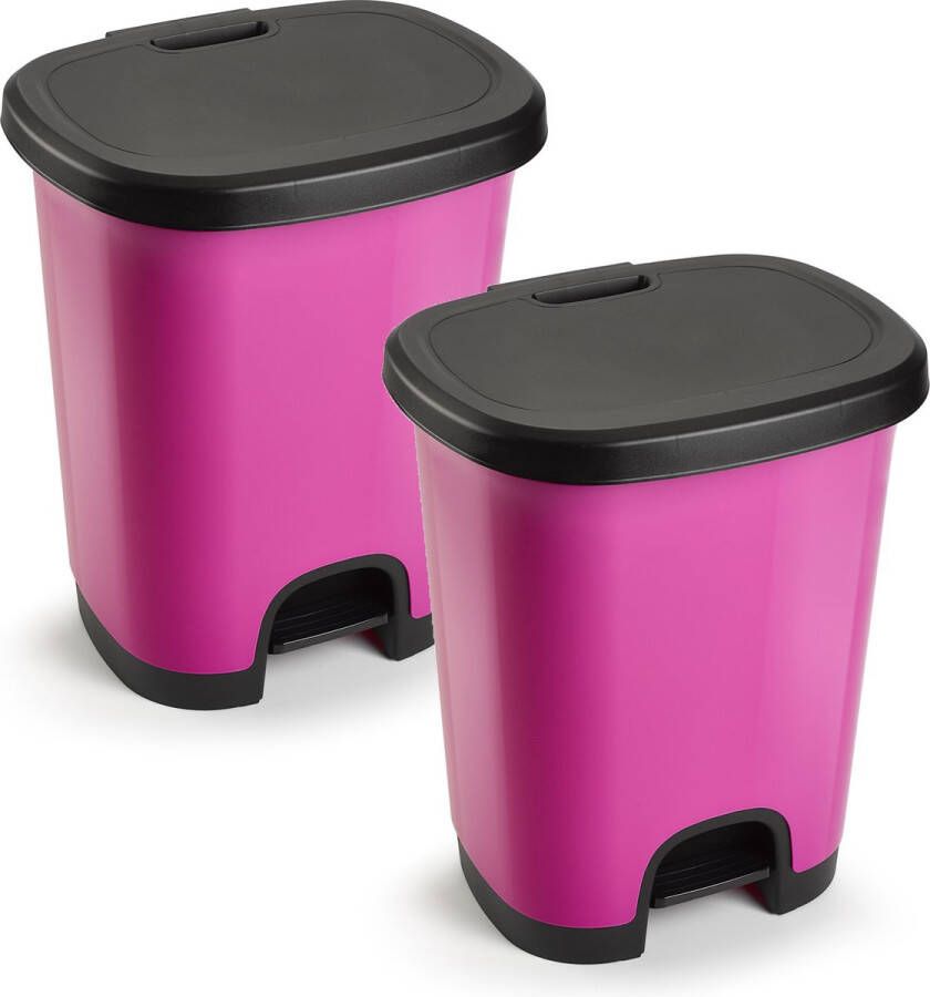 Forte Plastics 2x Stuks kunststof afvalemmer vuilnisemmer pedaalemmer in het roze zwart van 18 liter met deksel pedaal 33 x 28 x 40 cm