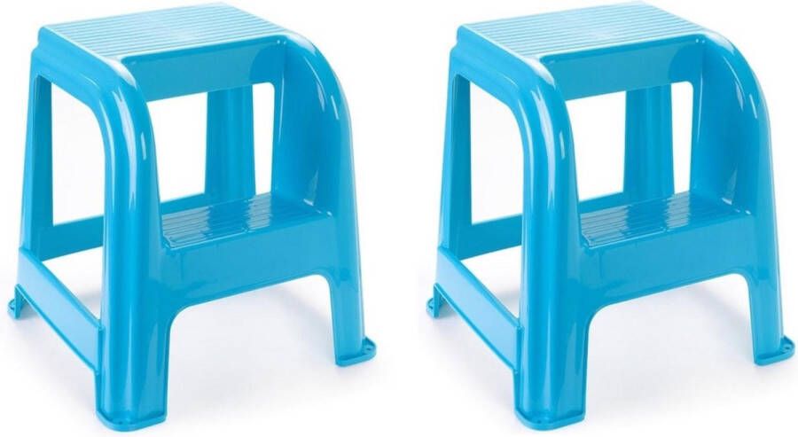 Forte Plastics 2x stuks lichtblauw keukenkrukje opstapje met 2 treden 45 cm Keuken badkamer krukjes opstapjes