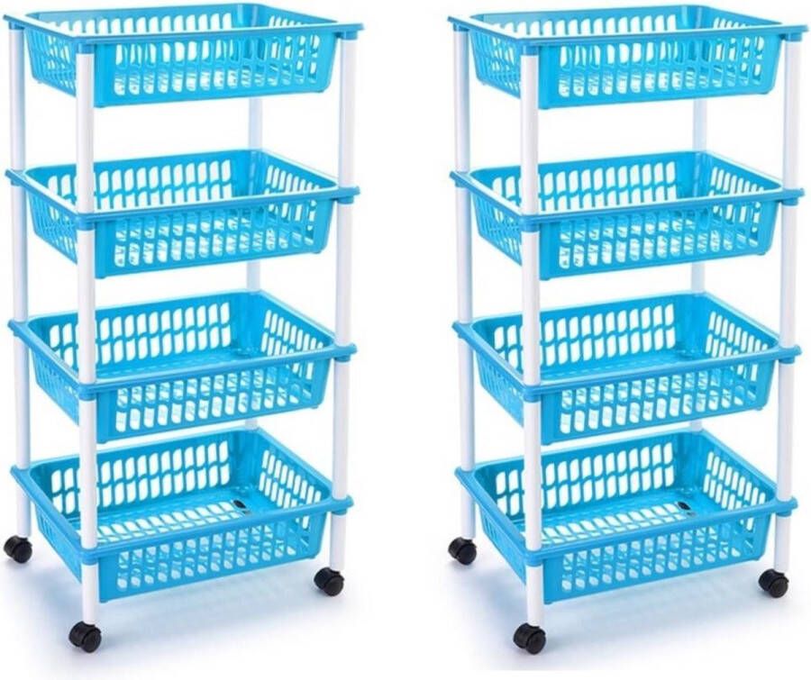 Forte Plastics 2x stuks lichtblauwe opberg trolley roltafel met 4 manden 40 x 50 x 85 cm Etagewagentje karretje met opbergkratten