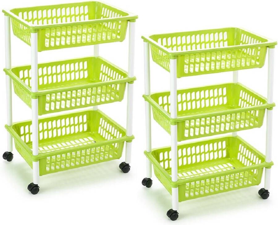Forte Plastics 2x stuks opberg organiser trolleys roltafels met 3 manden 62 cm in het groen Etagewagentje karretje met opbergkratten