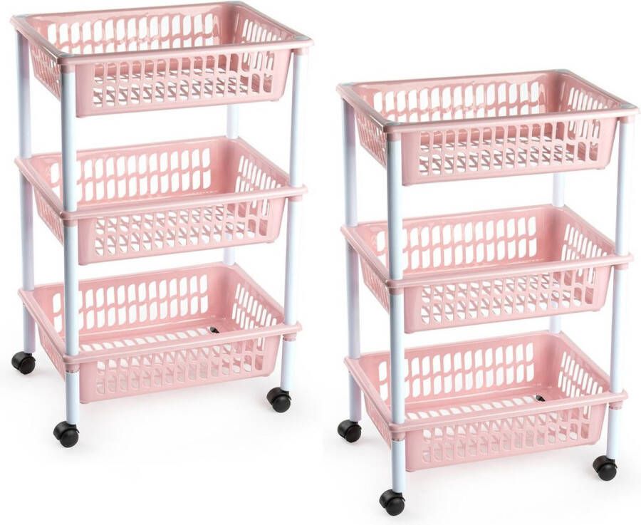 Forte Plastics 2x stuks opberg organiser trolleys roltafels met 3 manden 62 cm in het oud roze Etagewagentje karretje met opbergkratten
