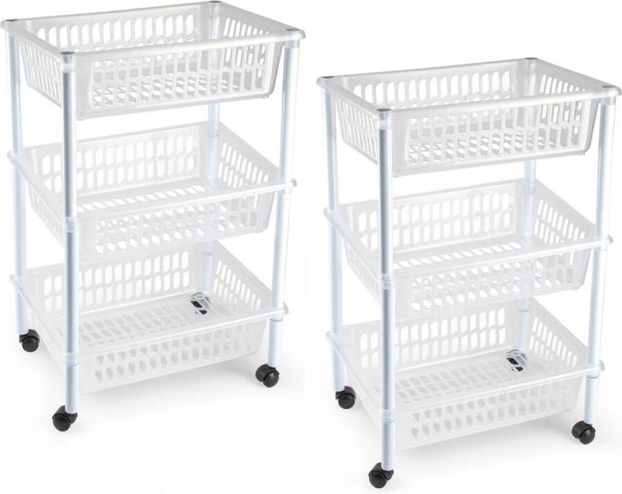 Forte Plastics 2x stuks opberg organiser trolleys roltafels met 3 manden 62 cm in het transparant Etagewagentje karretje met opbergkratten