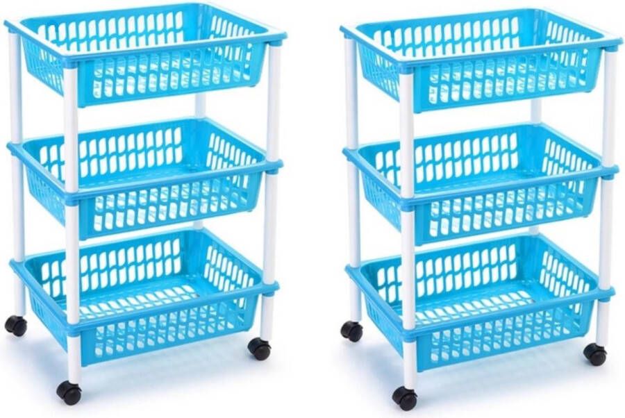 Forte Plastics 2x stuks opberg trolley roltafel organizer met 3 manden 40 x 30 x 61 5 cm wit lichtblauw