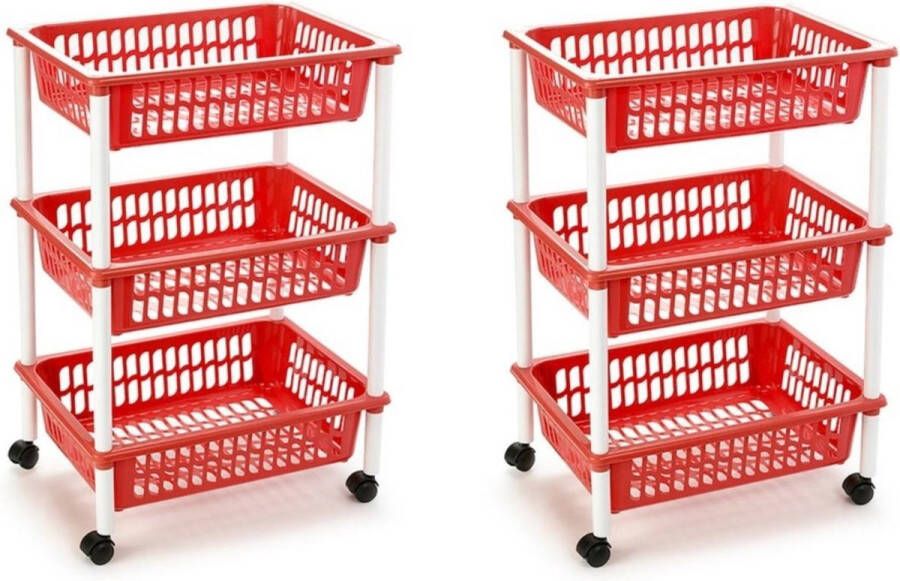Forte Plastics 2x stuks opberg trolley roltafel organizer met 3 manden 40 x 30 x 61 5 cm wit rood- Etagewagentje karretje met opbergkratten