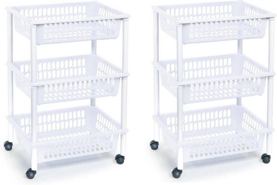 Forte Plastics 2x stuks opberg trolley roltafel organizer met 3 manden 40 x 30 x 61 5 cm wit wit Etagewagentje karretje met opbergkratten