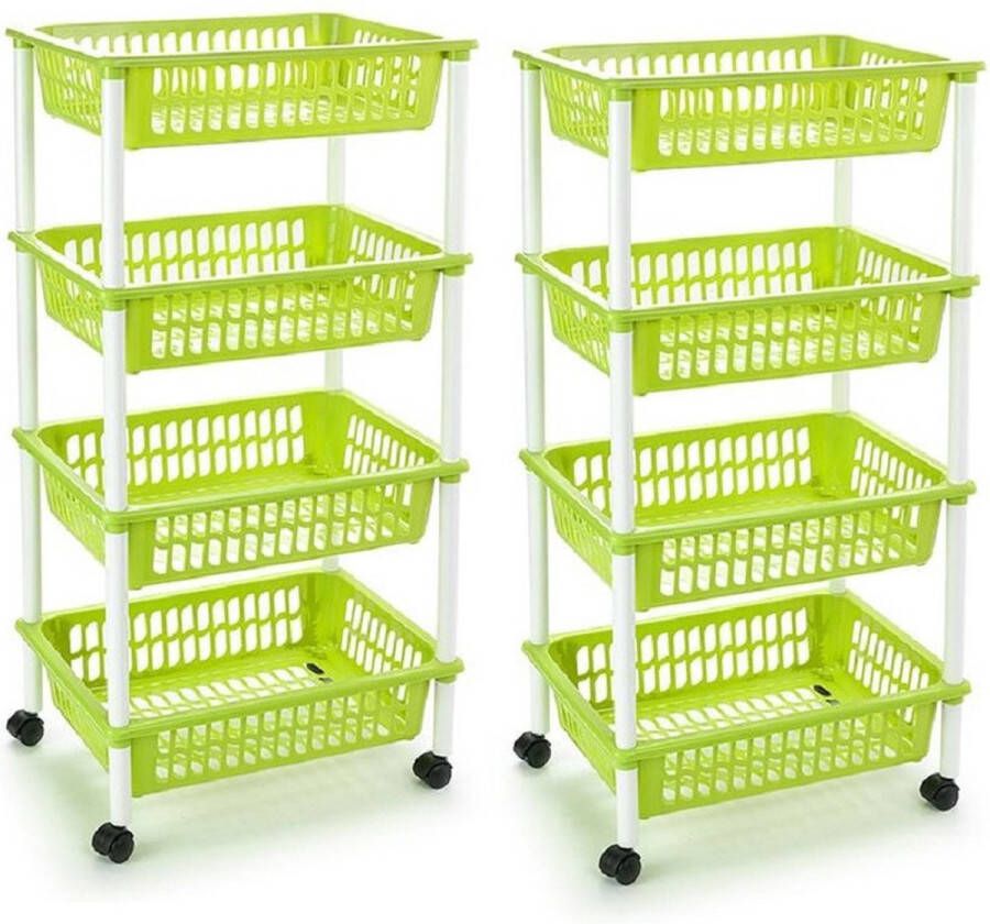 Forte Plastics 2x stuks opberger organiser trolley roltafel met 4 manden 85 cm groen Etagewagentje karretje met opbergkratten
