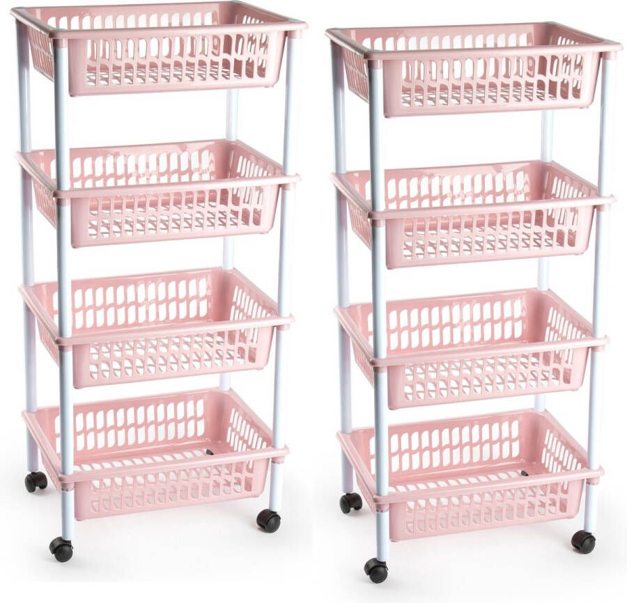 Forte Plastics 2x stuks opberger organiser trolley roltafel met 4 manden 85 cm oud roze Etagewagentje karretje met opbergkratten