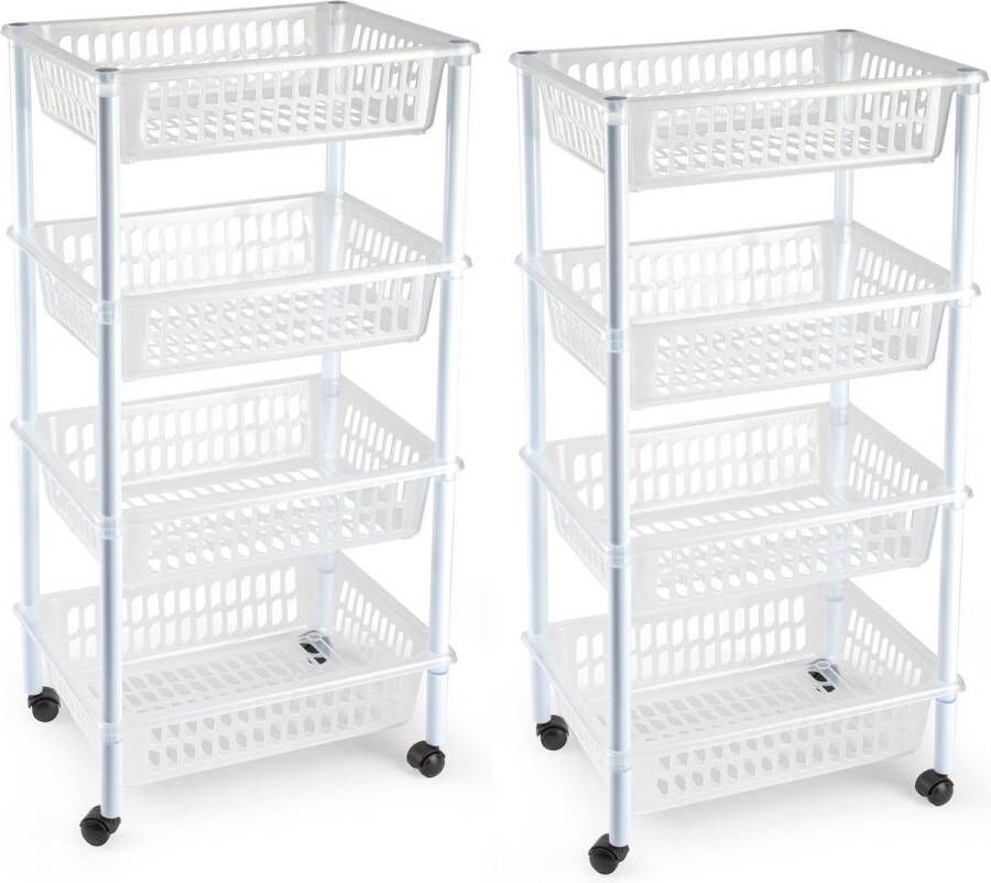 Forte Plastics 2x stuks opberger organiser trolley roltafel met 4 manden 85 cm transparant Etagewagentje karretje met opbergkratten