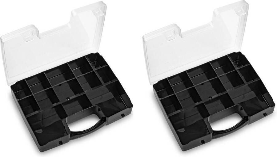 Forte Plastics 2x stuks opbergkoffertje opbergdoos sorteerboxen 13-vaks kunststof zwart 27 x 20 x 3 cm Sorteerdoos kleine spulletjes