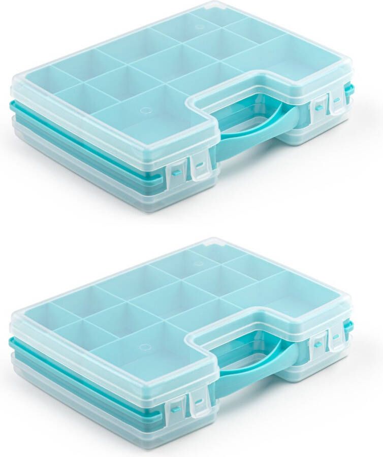 Forte Plastics 2x stuks opbergkoffertje opbergdoos sorteerboxen 22-vaks kunststof blauw 28 x 21 x 6 cm Sorteerdoos kleine spulletjes
