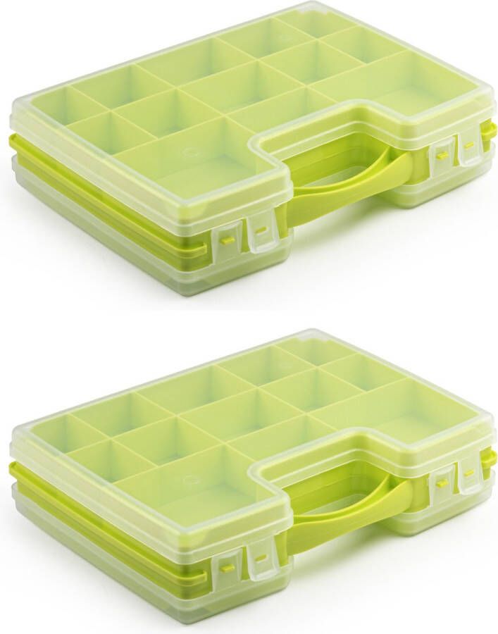 Forte Plastics 2x stuks opbergkoffertje opbergdoos sorteerboxen 22-vaks kunststof groen 28 x 21 x 6 cm Sorteerdoos kleine spulletjes