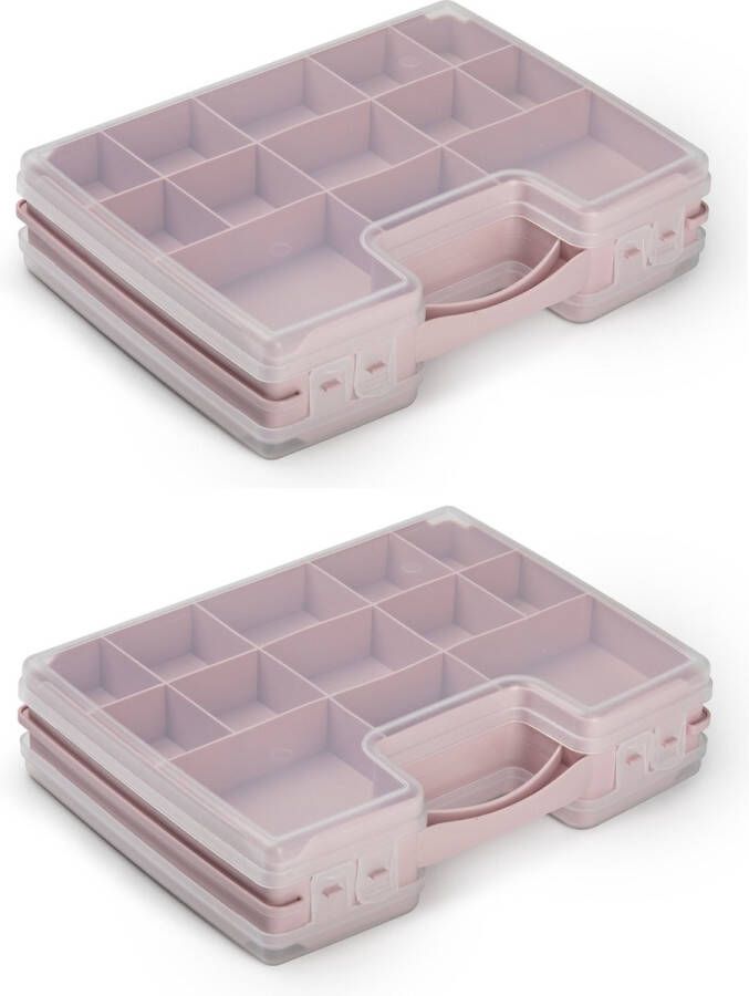 Forte Plastics 2x stuks opbergkoffertje opbergdoos sorteerboxen 21-vaks kunststof oud roze 28 x 21 x 6 cm Sorteerdoos kleine spulletjes