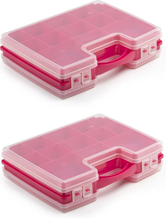 Forte Plastics 2x stuks opbergkoffertje opbergdoos sorteerboxen 22-vaks kunststof roze 28 x 21 x 6 cm Sorteerdoos kleine spulletjes