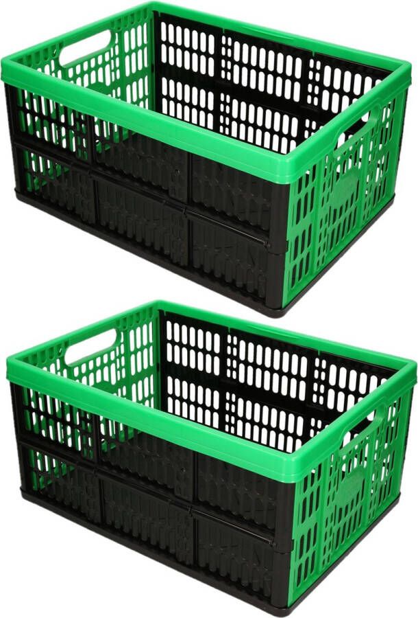 Forte Plastics 2x stuks opvouwbare kratten inklapbare boodschappen kisten zwart groen 48 x 35 x 24 cm klapkratten 32 liter inhoud