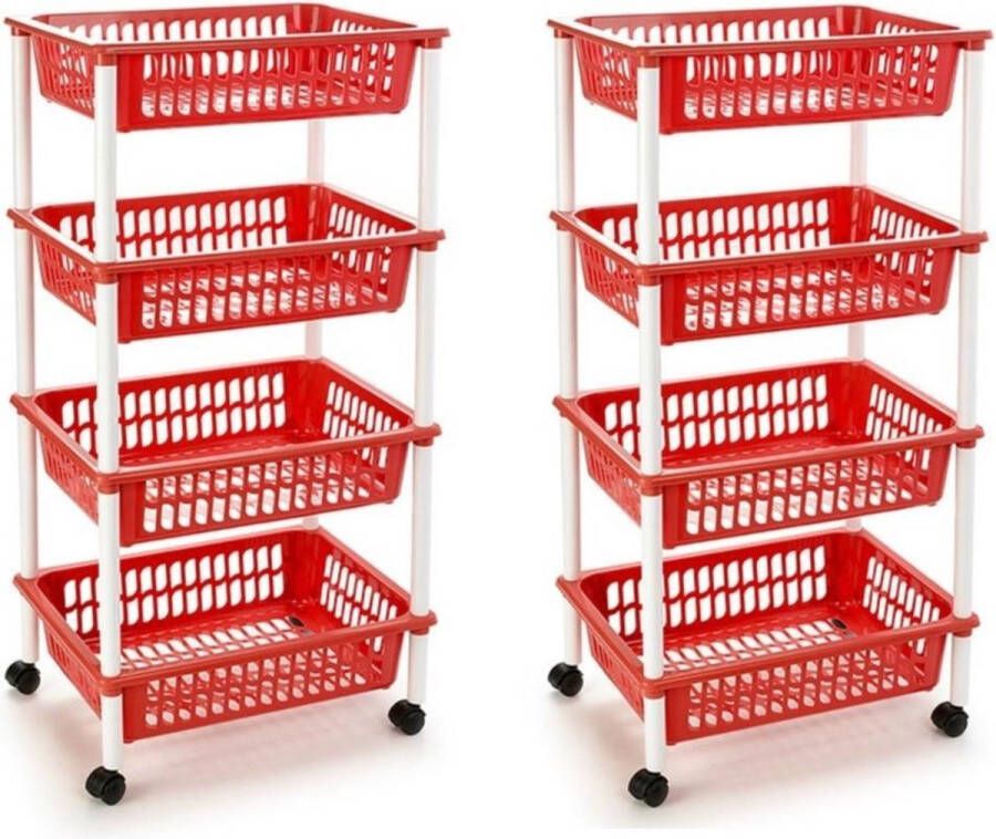 Forte Plastics 2x stuks rode opberg trolley roltafel met 4 manden 40 x 50 x 85 cm Etagewagentje karretje met opbergkratten