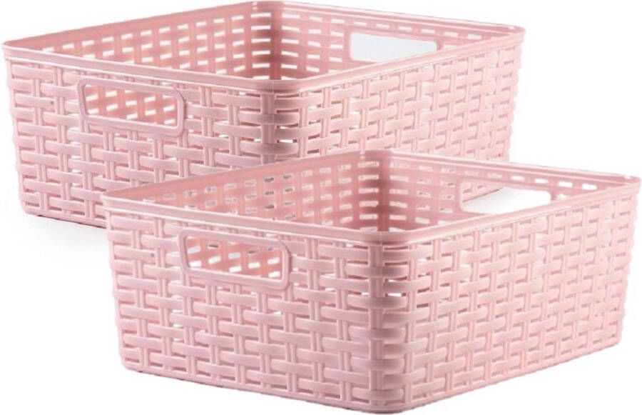 Forte Plastics 2x stuks rotan gevlochten opbergmand opbergbox kunststof Oud roze 28 x 36 x 13.5 cm Kast mandjes