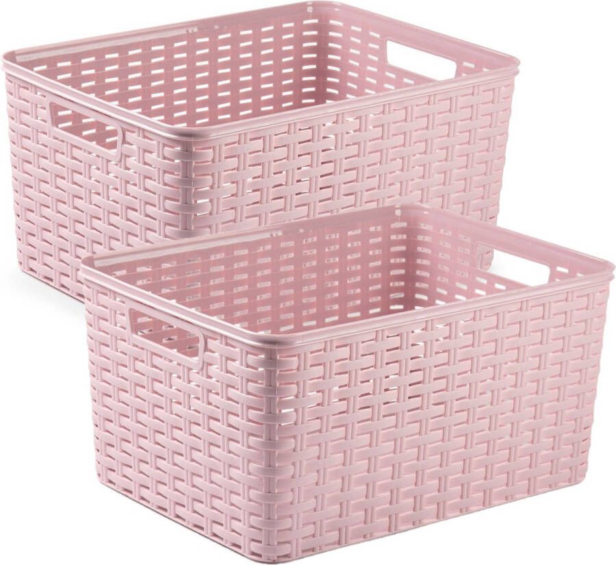 Forte Plastics 2x stuks rotan gevlochten opbergmand opbergbox kunststof Oud roze 38 x 28 x 19 cm Kast mandjes