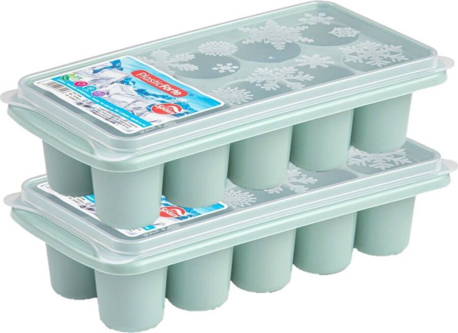 Forte Plastics 2x stuks Trays met dikke grote ronde blokken van 6.5 cm ijsblokjes ijsklontjes vormpjes 10 vakjes kunststof taupe met deksel