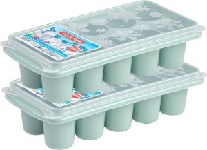 Forte Plastics 2x stuks Trays met dikke grote ronde blokken van 6.5 cm ijsblokjes ijsklontjes vormpjes 10 vakjes kunststof wit met afsluit deksel
