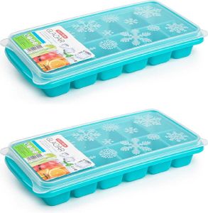 Forte Plastics 2x stuks Trays met ijsblokjes ijsklontjes vormpjes 12 vakjes kunststof blauw met deksel IJsblokjesvormen
