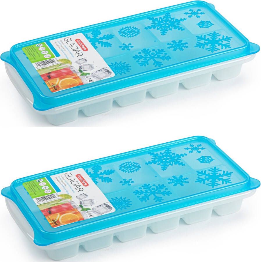 Forte Plastics 2x stuks Trays met ijsblokjes ijsklontjes vormpjes 12 vakjes kunststof wit met blauwe deksel IJsblokjesvormen