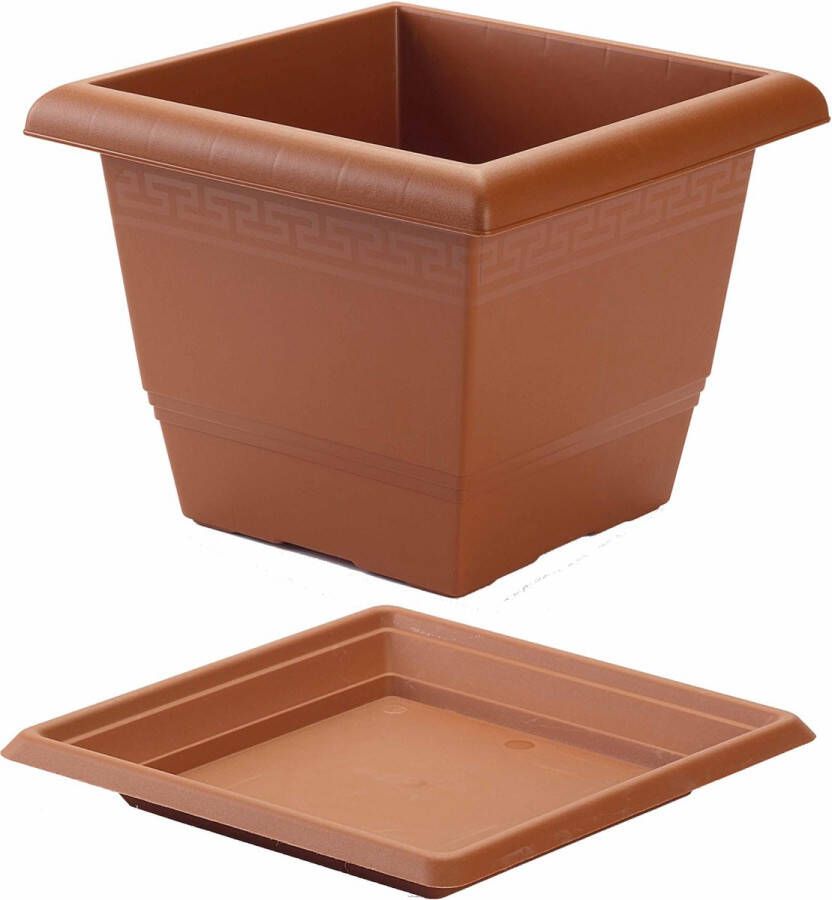 Forte Plastics 2x stuks vierkante plantenbakken terra cotta kleur met opvangschaal 26 x 26 x 20 cm Kunststof Binnen buiten gebruik