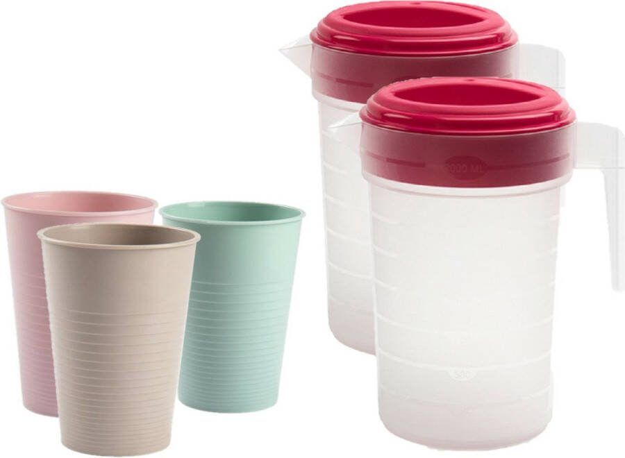 Forte Plastics 2x stuks water of limonade schenkkan sapkannen 2 liter met 12x kunststof mix-colors glazen van 360 ML voordeelset