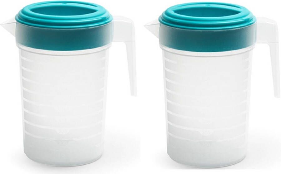 Forte Plastics 2x stuks waterkan sapkan transparant blauw met deksel 1 liter kunststof- Smalle schenkkan die in de koelkastdeur past