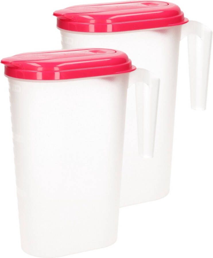 Forte Plastics 2x stuks waterkan sapkan transparant fuschia roze met deksel 1.6 liter kunststof Smalle schenkkan die in de koelkastdeur past