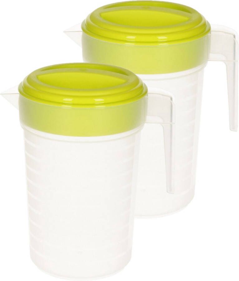 Forte Plastics 2x stuks waterkan sapkan transparant groen met deksel 1 liter kunststofï¿½- Smalle schenkkan die in de koelkastdeur past